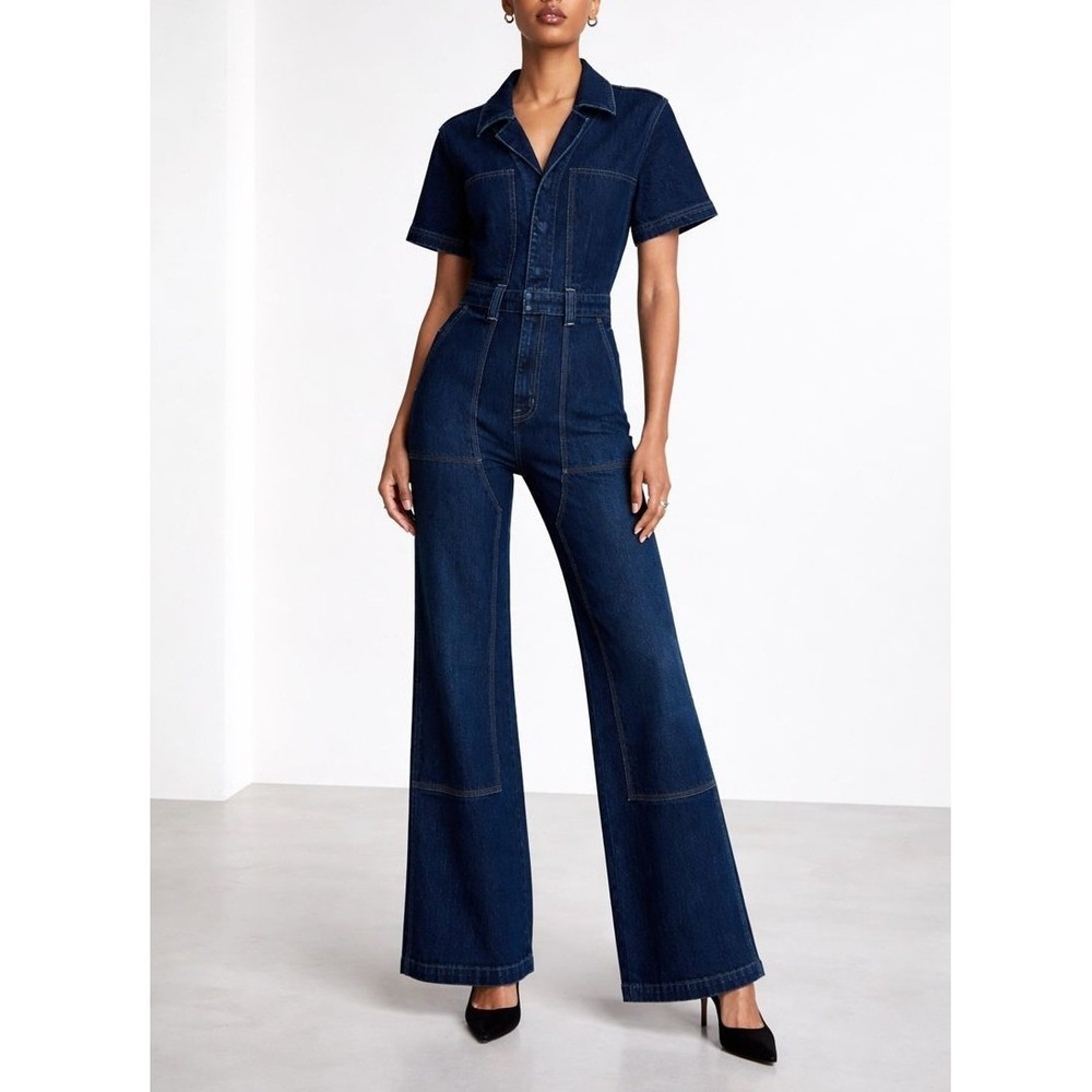 NWT Pistola Jacob Wide Leg Denim Jumpsuit Size Medium Alpine Dark Wash Coveralls